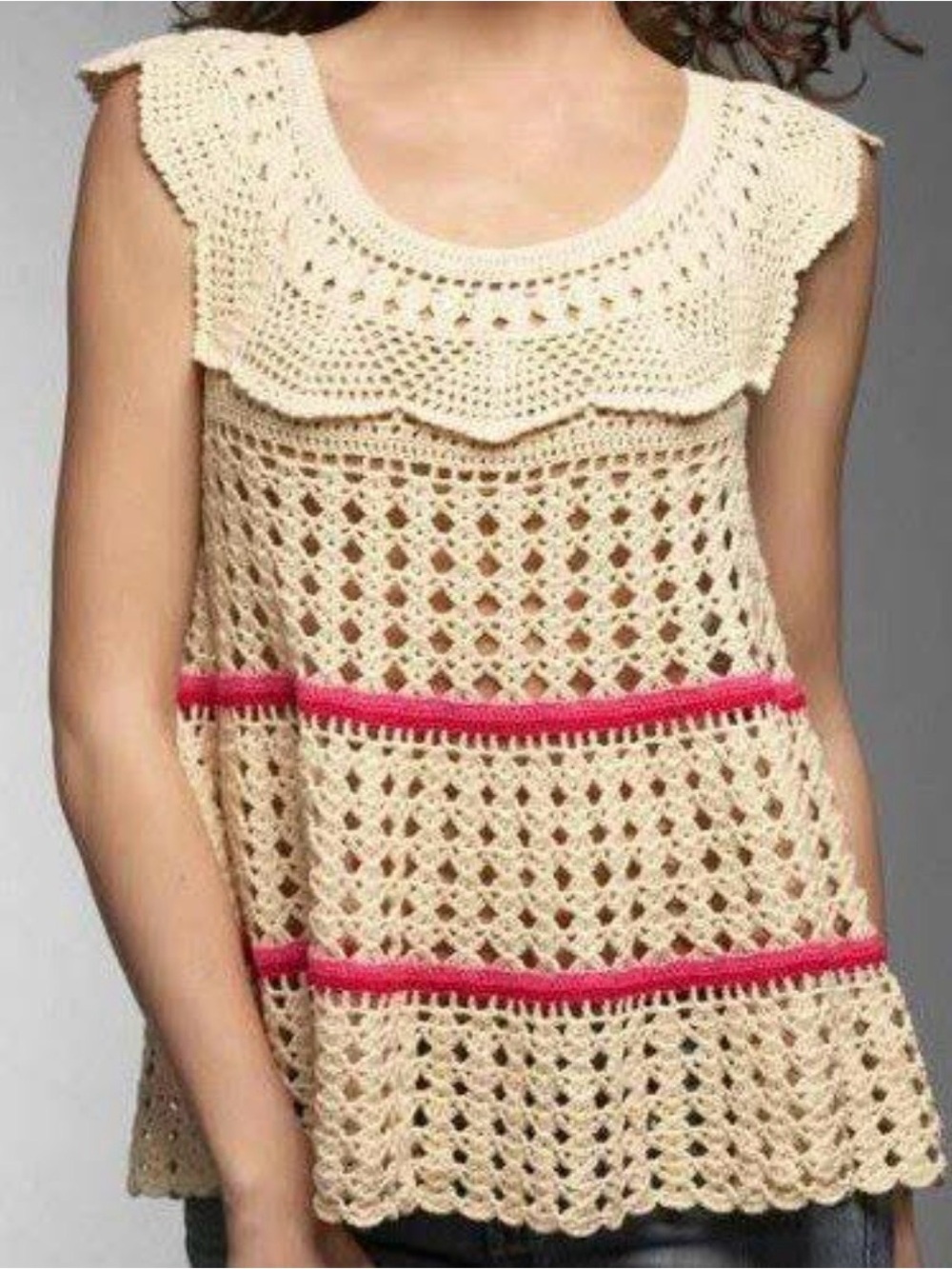 Free People Cream Crochet Tank Top with Pink Accents Linen Blend